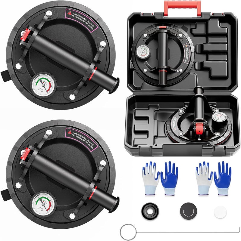 SPECILITE 8" Heavy Duty Glass Suction Cups 2 Pack with Pressure Gauge for Lifting Large Tile, Marble, Windows, 880 lbs Load Capacity, Industrial Vacuum Lifter with Handle, Carrying Case, Gloves, Black - Image 1